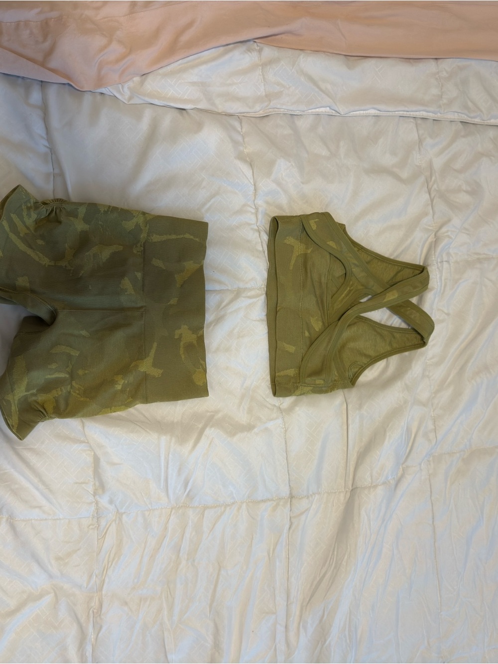 Gymshark Women’s Olive Camo Shorts and Sports Bra Set